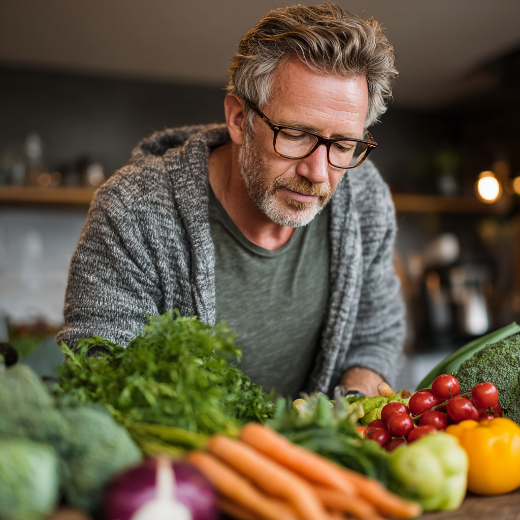 Mature man around fifty years old with glasses carefully examining fresh organic vegetables and fruits at a modern kitchen counter, wearing casual home clothes, representing thoughtful nutrition planning and healthy lifestyle choices