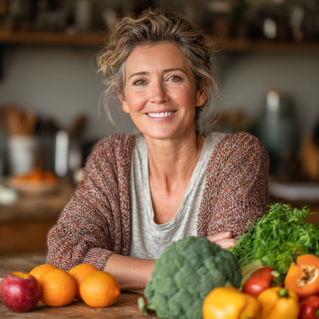 Middle-aged woman in her forties with a warm smile sitting at a kitchen table surrounded by fresh colorful vegetables and fruits, wearing casual clothes, representing healthy nutrition planning and wellness lifestyle